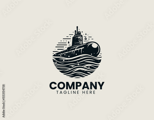 Black silhouette of military submarine in vector logo design using minimal flat style