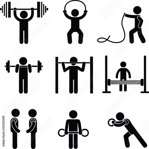 Diverse Pictogram Set Showcasing Various Athletic Exercises and Sporting Activities Silhouette Collection Representing Different Forms of Physical Training