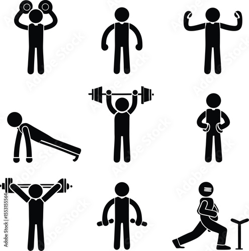 A Collection of Black and White Stick Figure Illustrations Showcasing Different Weightlifting and Exercise Movements for Fitness and Strength Training