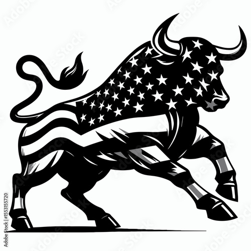 A Bulls jostling for space gate. Independence Day 4th of July American Flag Patriotism Usa America Clipart Line Art Vector Illustration. Cattle pushing at portal territory farm animal.