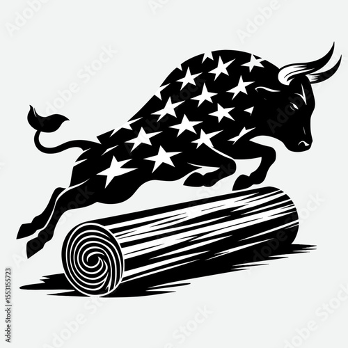 A Bulls hurdling fallen log. Independence Day 4th of July American Flag Patriotism Usa America Clipart Line Art Vector Illustration. Horned animal jumping timber obstacle nature scene.