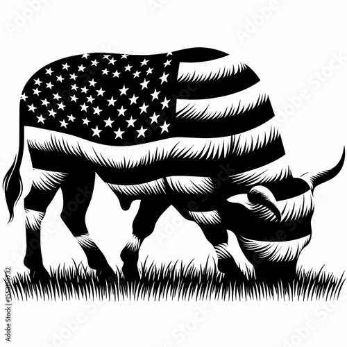 A Bulls grazing together peacefully. Independence Day 4th of July American Flag Patriotism Usa America Clipart Line Art Vector Illustration. Bovine herd feed calm natural scene.