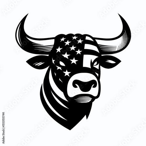 A Bulls flaring nostrils alert. Independence Day 4th of July American Flag Patriotism Usa America Clipart Line Art Vector Illustration. bovine showing great anger warning potential hazard.