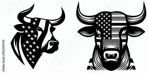 A Bulls flaring nostrils alert. Independence Day 4th of July American Flag Patriotism Usa America Clipart Line Art Vector Illustration. bull showing anger lookout for danger animal.