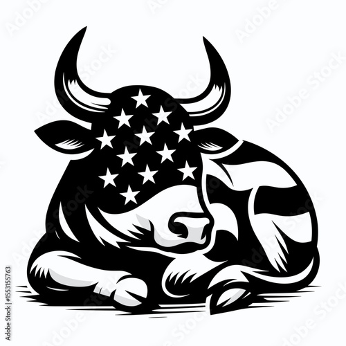 A Bulls dozing side by side. Independence Day 4th of July American Flag Patriotism Usa America Clipart Line Art Vector Illustration. Bovine resting adjacent one another animal slumber farm.