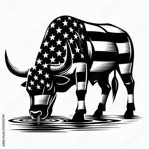 A Bulls drinking water riverbank. Independence Day 4th of July American Flag Patriotism Usa America Clipart Line Art Vector Illustration. Cattle consume aqua near waterway shore animal.