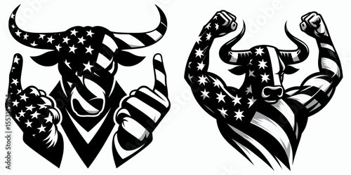 A Bulls acknowledging victory bow. Independence Day 4th of July American Flag Patriotism Usa America Clipart Line Art Vector Illustration. team showing triumph inclination taking curtsy.