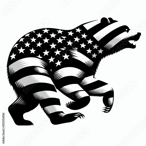 A Bears running race. Independence Day 4th of July American Flag Patriotism Usa America Clipart Line Art Vector Illustration. Creature footrace woodland challenge pace dash and stamina.