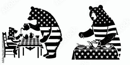 A Bears serving tea party. Independence Day 4th of July American Flag Patriotism Usa America Clipart Line Art Vector Illustration. bruin offering afternoon beverage get-together woodland.