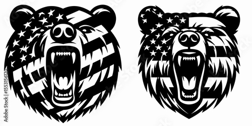 A Bears roaring face to face. Independence Day 4th of July American Flag Patriotism Usa America Clipart Line Art Vector Illustration. bruin yelling at close proximity encounter.