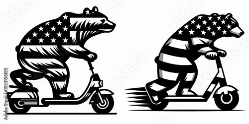 A Bears racing scooters park. Independence Day 4th of July American Flag Patriotism Usa America Clipart Line Art Vector Illustration. Fun zone with ursidae emblem doing motorized scoot.
