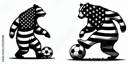 A Bears playing soccer match. Independence Day 4th of July American Flag Patriotism Usa America Clipart Line Art Vector Illustration. Wildlife involvement in foot ball game creature having.