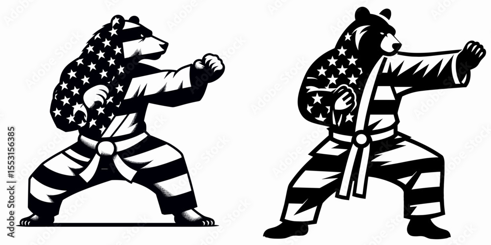 A Bears doing karate spar. Independence Day 4th of July American Flag Patriotism Usa America Clipart Line Art Vector Illustration. Bruin having martial combat practice wild creature.