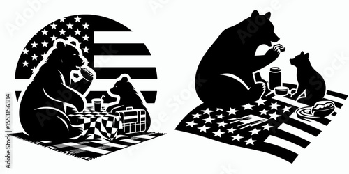 A Bears eating picnic blanket. Independence Day 4th of July American Flag Patriotism Usa America Clipart Line Art Vector Illustration. Wildlife devouring checkered outdoor spread.