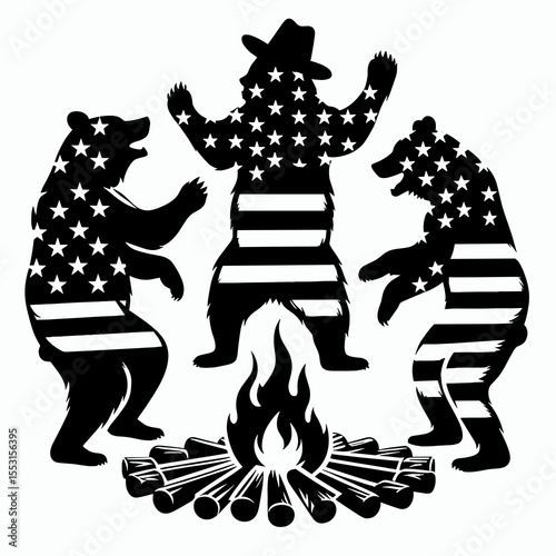 A Bears dancing around campfire. Independence Day 4th of July American Flag Patriotism Usa America Clipart Line Art Vector Illustration. Critter doing jig near blazing bonfire an outdoor.