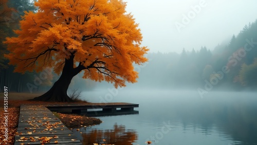 Tranquil Autumn Lake Landscape with Pier and Vibrant Orange Foliage