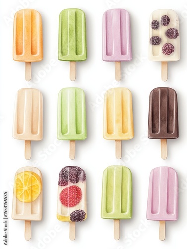 Brightly colored popsicles made from fruits and cream are neatly arranged in a grid, highlighting diverse flavors and textures