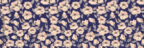 Seamless floral vector pattern with expressive blossoms, leaves, and painterly brush strokes on a deep navy background. Template for textiles, stationery, packaging, designs