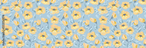 Seamless floral vector pattern with expressive yellow blossoms, leaves, and painterly brush strokes on a pastel blue background. Template for textiles, stationery, packaging, and spring designs