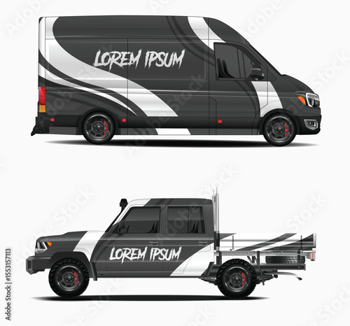 Black and White Vehicle Mockups Van and Truck with Custom Graphics