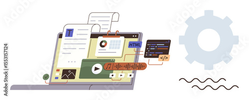 Laptop screen displaying text editing, coding, multimedia tools, and analytics next to a gear icon. Ideal for teamwork, digital workflow, content creation, coding, UX design media editing simple