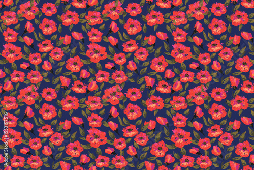 Seamless vector floral pattern with expressive red brushstroke flowers on a depp navy background. Artistic and bold, template for fabric, fashion design, and surface prints