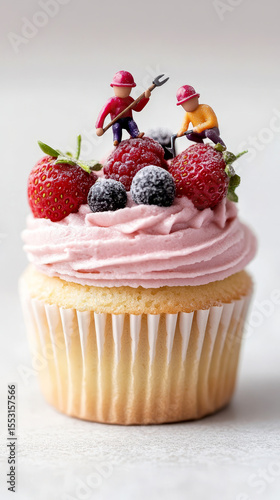 A delicious cupcake features vibrant pink frosting and is garnished with fresh strawberries and blueberries, while tiny gardeners tend to the fruit