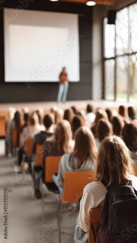 An engaging lecture in a well-lit auditorium, with the audience keenly observing.