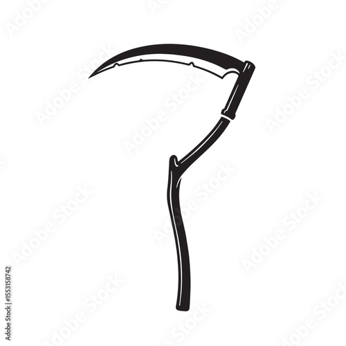 A vintage art silhouette illustrating a grim reaper's scythe on a white background with clear lines and details