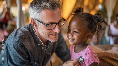 Caring pediatrician listening to Aboriginal girl's heartbeat with stethoscope during health check. photo