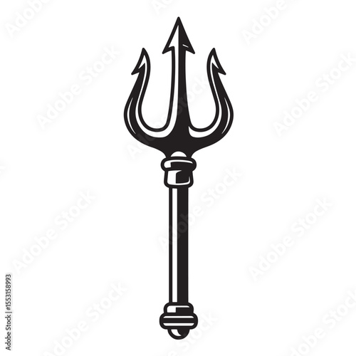 A vintage art silhouette of a classic black trident symbolizing power, authority, and association with the sea
