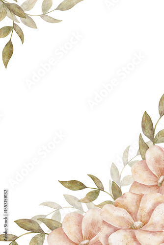 Watercolor soft pink flowers with green branches leaves Frame illustration peonies roses hand drawn pastel colors retro style. Template autumn for greeting postcard holiday wedding birthday children's