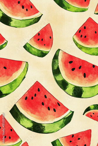 Watermelon slices in various sizes are artistically displayed on a light background, capturing the essence of summer's freshness and joy