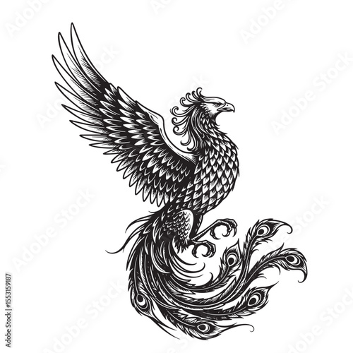 A vintage art silhouette of a majestic phoenix bird with outstretched wings and elegant detailed feathers on a white background