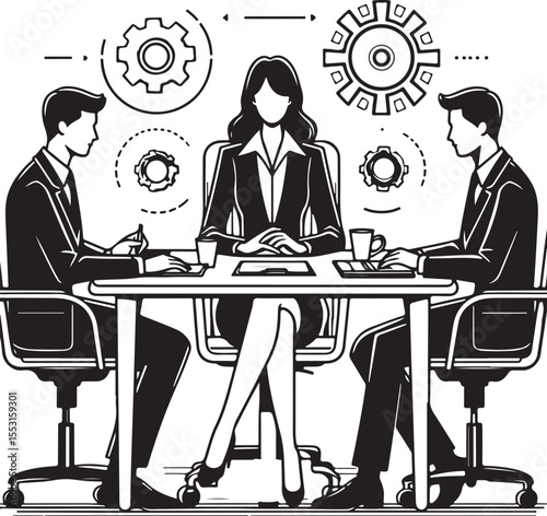  Colleagues collaborate and deliberate strategies during a corporate meeting, showcasing teamwork and productivity, within a modern office environment