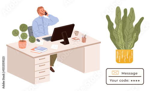 Workspace features employee using phone, desktop setup, books, plants, and coffee. Ideal for communication, productivity, remote work, office culture interior design security simple flat metaphor