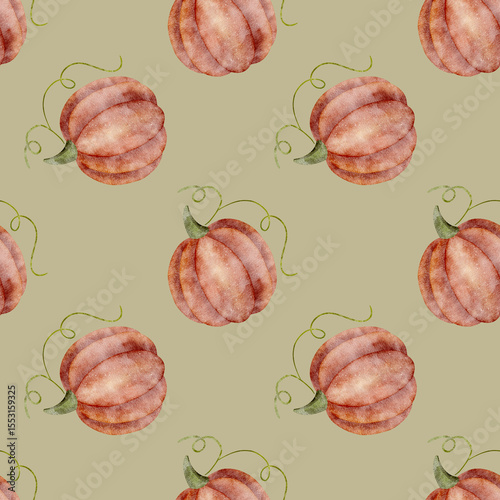 Watercolor pattern red retro pumpkin. Illustration vegetables autumn harvest hand drawn. Seamless print on pastel green background for textile design, fabrics, wallpapers, packaging, clothes, postcard