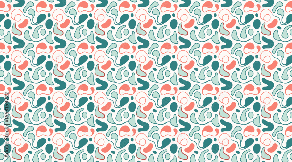 Obraz premium Abstract Organic Shapes Seamless Pattern - Playful Vector Background in Teal, Coral, and Mint
