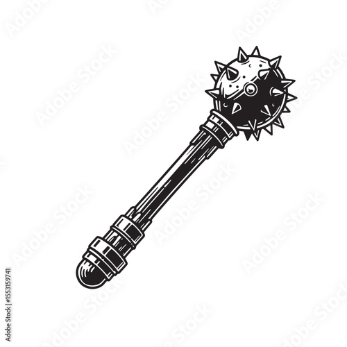 Classic engraved black and white illustration of a medieval spiked mace in vintage art silhouette style