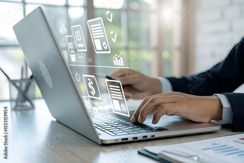 E-invoice and online digital statements concept, Electronic tax invoice. Businessman working with digital invoice management system on computer laptop.