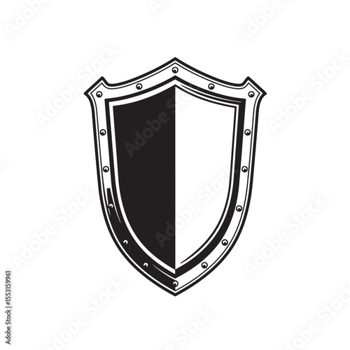 Classic shield design in vintage art silhouette style split into black and white halves ideal for various concepts