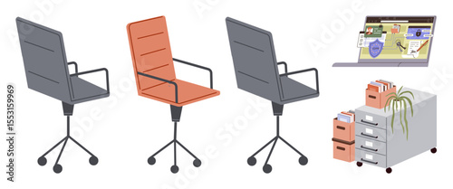 Three rolling office chairs, a laptop displaying a workspace, a filing cabinet, and neatly arranged documents emphasize modern workstation essentials. Ideal for productivity, organization, corporate