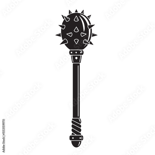 Classic medieval mace detailed vintage art silhouette illustrating a weapon for war and battle with spiked ball