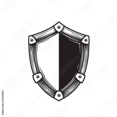 Classic vintage art silhouette of a shield emblem with detailed woodcut style design for protection and security