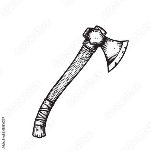 Detailed black and white vintage art silhouette illustration of a classic axe ready for wood chopping or carpentry work