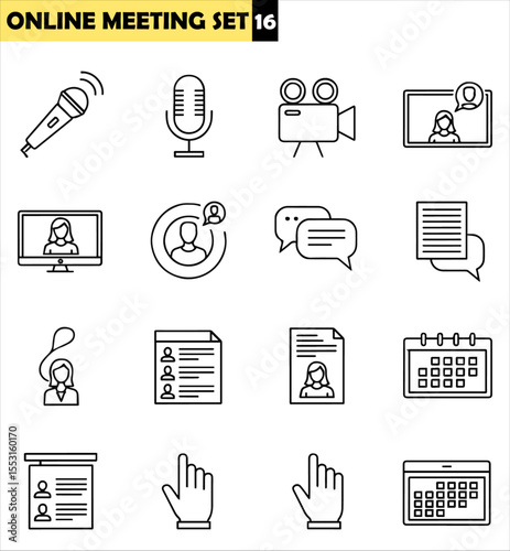 A collection of sixteen minimalist line icons depicting various aspects of online meetings, including communication, presentations, and scheduling.