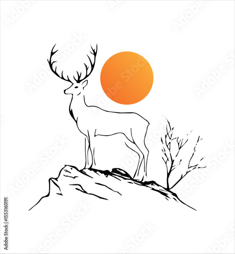Line art of a deer standing on a rocky outcrop with a sun-like circle behind it, next to a bare tree.