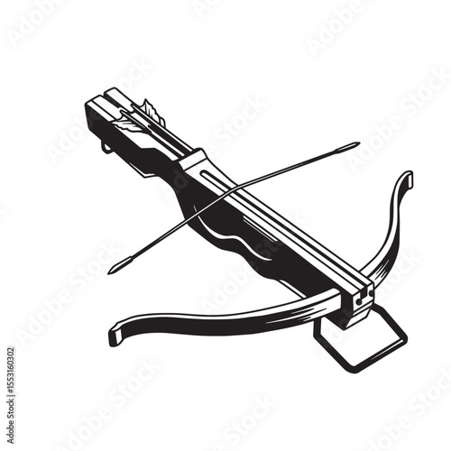 Detailed illustration of a vintage art silhouette crossbow with drawn arrow ready for action
