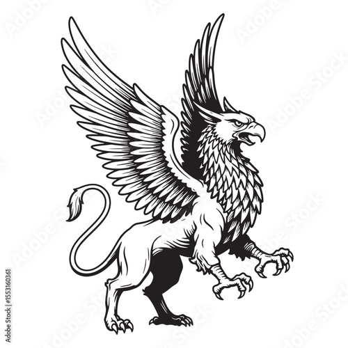 Detailed illustration of a majestic griffin a mythological creature with striking wings vintage art silhouette