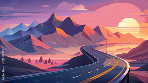 A sleek winding road ascending through vast ethereal mountains at golden hour, minimalist peaks fading into soft mist, ambient pastel sky with warm light gradients, futuristic and dreamlike atmosphere